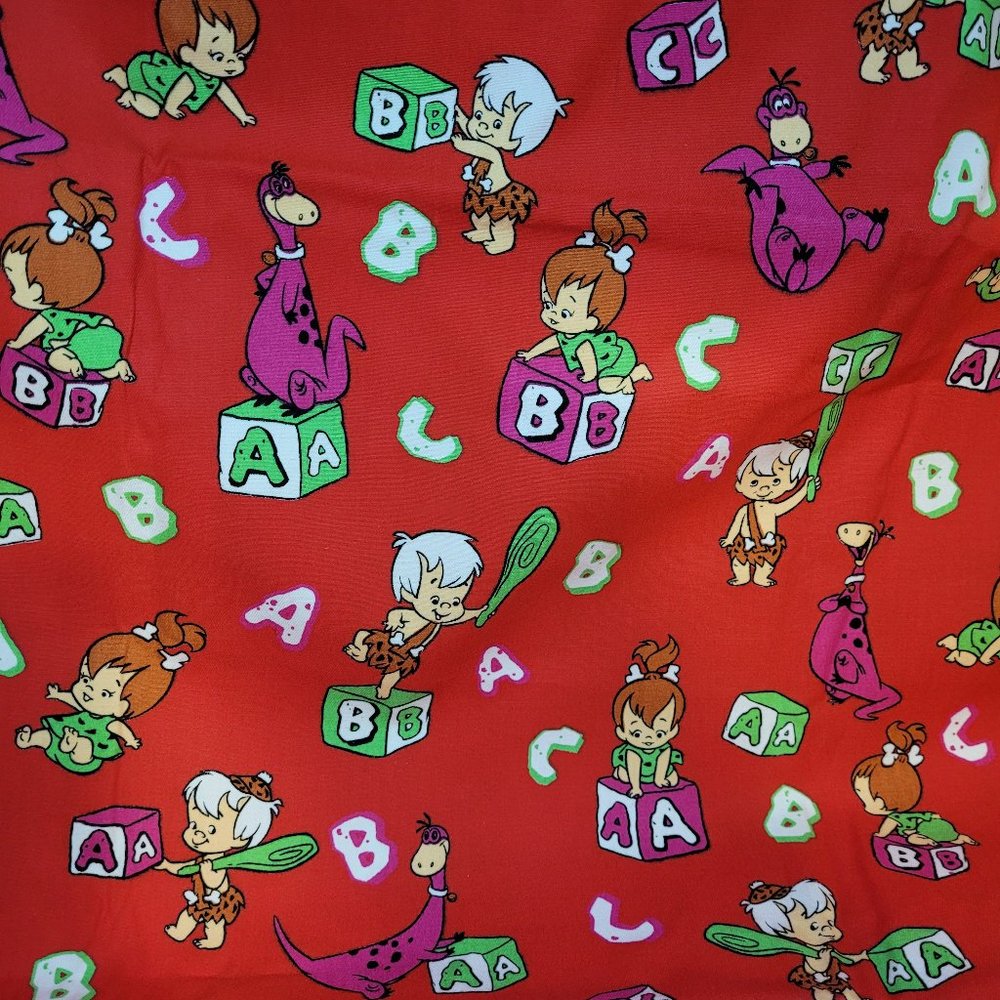 Retro Vintage Red Fabric Flintstones BamBam, Pebbles, Dino ABC 75” X 60”